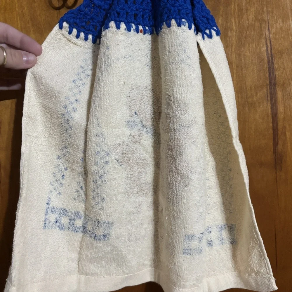 1 Blue Yarn Crochet Top Hanging Kitchen Towel Country Teddy Bears Granny Core
